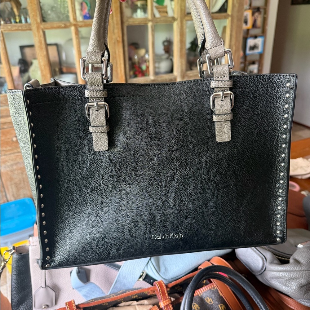 Calvin Klein Black Tote with Taupe Handles and Stud Trim